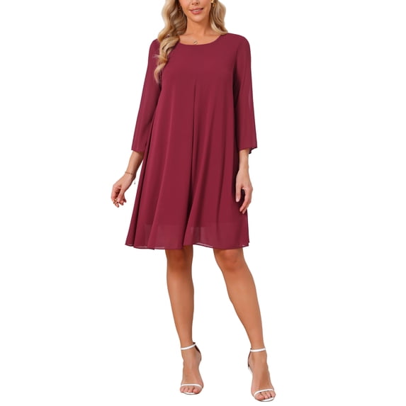 INSPIRE CHIC Elegant Women's Chiffon Dresses with 3/4 Sleeve for Wedding Guests and Special Occasions XL Wine Red