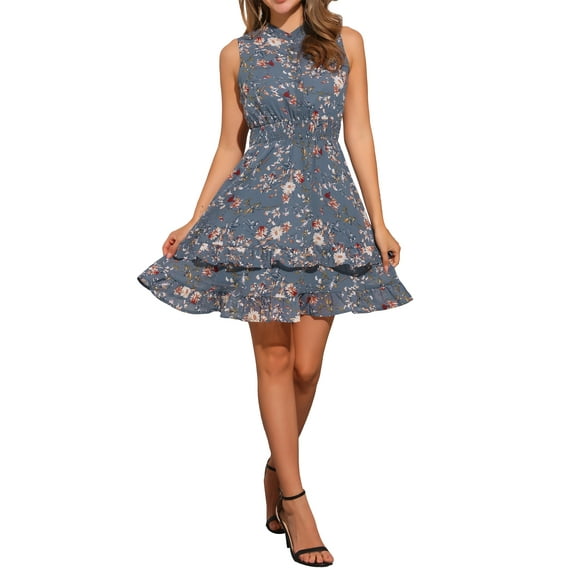 INSPIRE CHIC Women's Chiffon Dresses Smocked Chic Floral Sleeveless A-Line Mini Dress M Gray Blue Flower