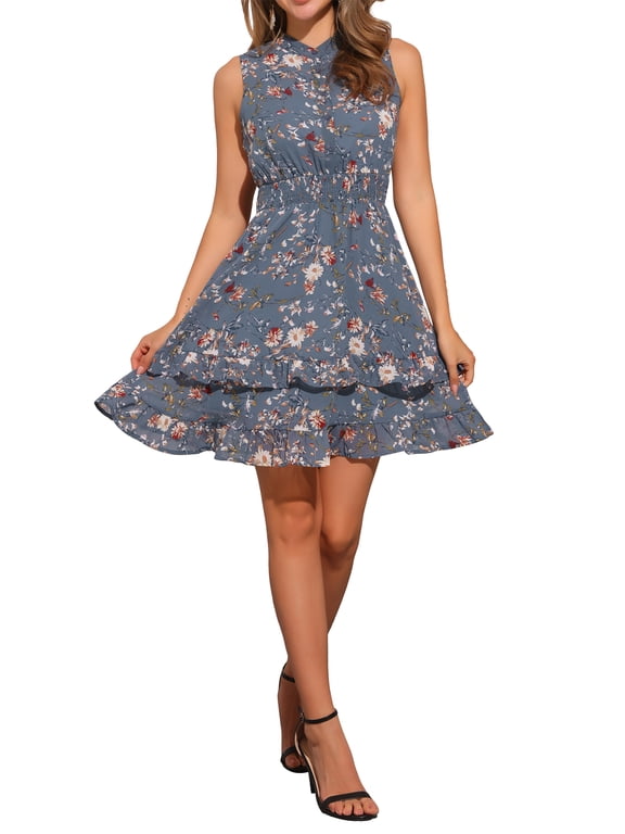 Women's Chiffon Dresses Smocked Chic Floral Sleeveless A-Line Mini Dress XL Gray Blue Flower