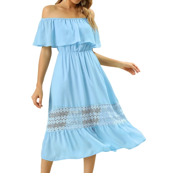 INSPIRE CHIC Women's Chiffon Off Shoulder Ruffle Flutter Sleeve Lace Insert Boho Beach Vacation Maxi Dress M Light Blue