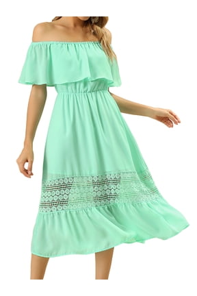 Women's Chiffon Off Shoulder Ruffle Flutter Sleeve Lace Insert Boho Beach Vacation Maxi Dress M Mint Green