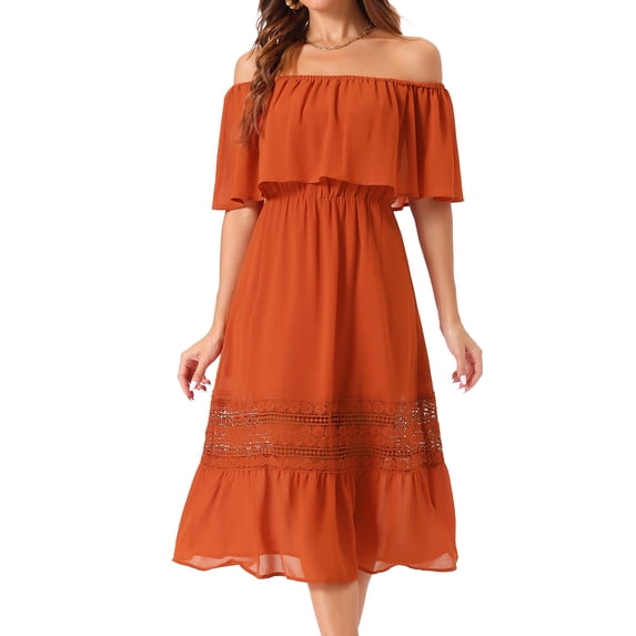 INSPIRE CHIC Women's Chiffon Off Shoulder Ruffle Flutter Sleeve Lace Insert Boho Beach Vacation Maxi Dress XL Burnt Orange