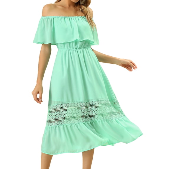 INSPIRE CHIC Women's Chiffon Off Shoulder Ruffle Flutter Sleeve Lace Insert Boho Beach Vacation Maxi Dress XS Mint Green