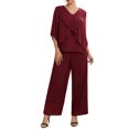 thumbnail image 1 of INSPIRE CHIC Women's Chiffon Pant Suit Ruffle V Neck Wide Leg 2 Piece Outfit Deep Wine S, 1 of 6