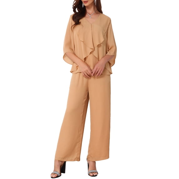 INSPIRE CHIC Women's Chiffon Pant Suit Ruffle V Neck Wide Leg 2 Piece Outfit Light Khaki L