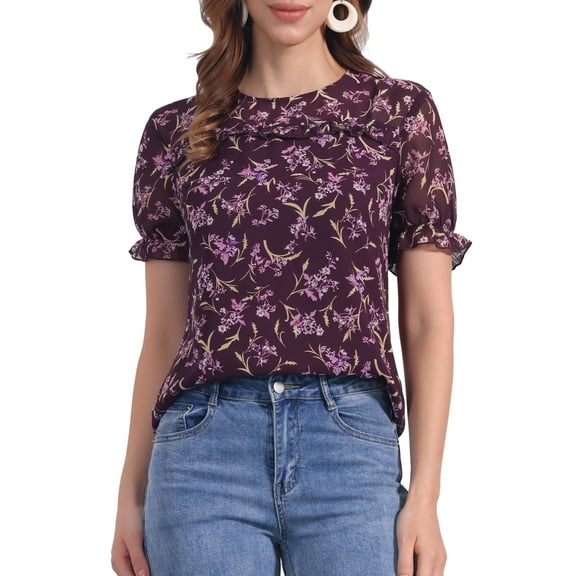 INSPIRE CHIC Women's Chiffon Tops Short Sleeves Ruffled Trim Floral Work Office Blouse M Dark Purple