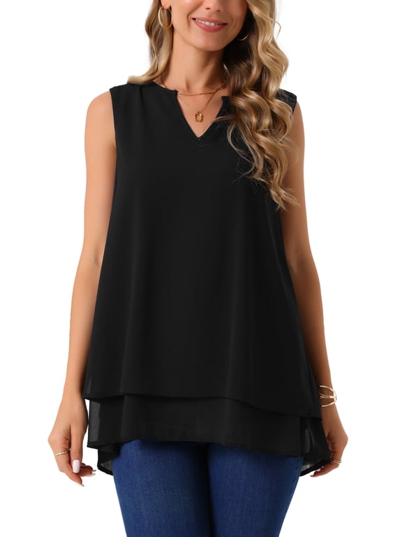 Women's Chiffon Blouse V Neck Sleeveless Double Layer Tank Tops Flowy Tunic Casual Shirts L Black