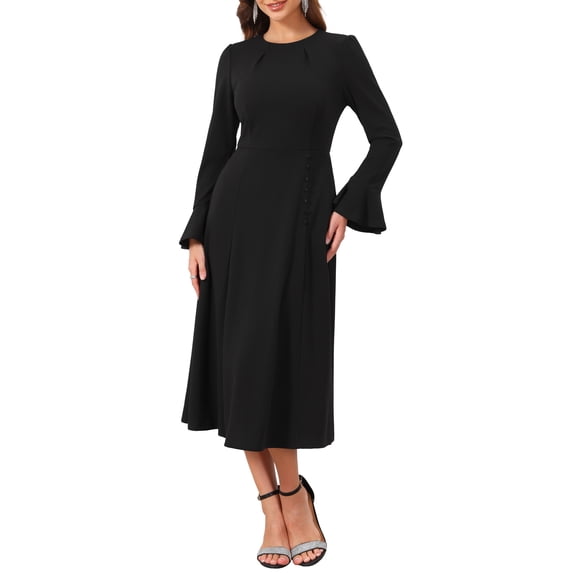 INSPIRE CHIC Women's Church Dresses Formal Bell Sleeve Crew Neck Knee Length A-Line Dress with Pockets S Black