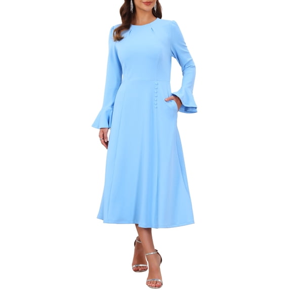 INSPIRE CHIC Women's Church Dresses Formal Bell Sleeve Crew Neck Knee Length A-Line Dress with Pockets S Sky Blue