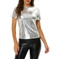 thumbnail image 1 of INSPIRE CHIC Women's Clubwear Short Sleeve Shiny Metallic Top M Silver, 1 of 6