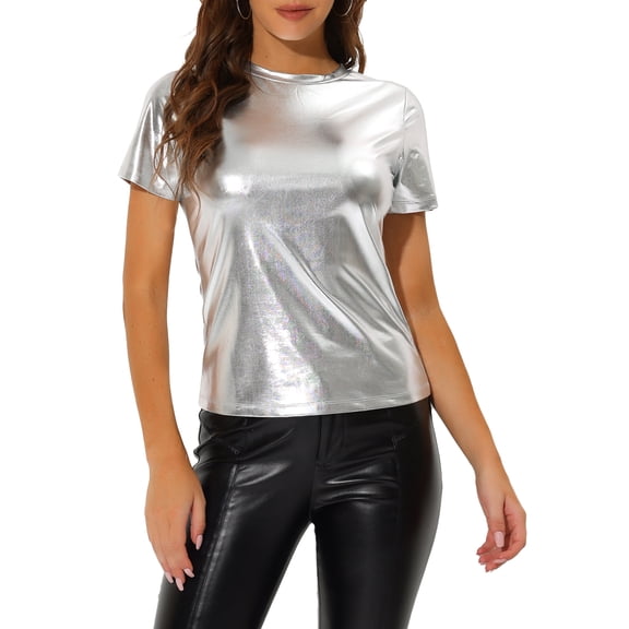 INSPIRE CHIC Women's Clubwear Short Sleeve Shiny Metallic Top M Silver