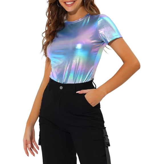 INSPIRE CHIC Women's Clubwear Short Sleeve Shiny Metallic Top XS Blue