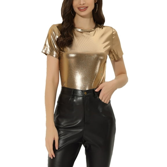 INSPIRE CHIC Women's Clubwear Short Sleeve Shiny Metallic Top XS Brown Gold