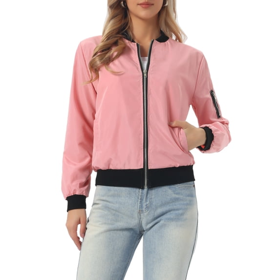 INSPIRE CHIC Women's Coat Casual Zip Up Bomber Jacket Windbreaker Outerwear with Pockets M Rose Pink