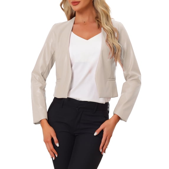 INSPIRE CHIC Women's Coat Faux Leather Crop Collarless Open Front PU Moto Biker Jackets XS Beige