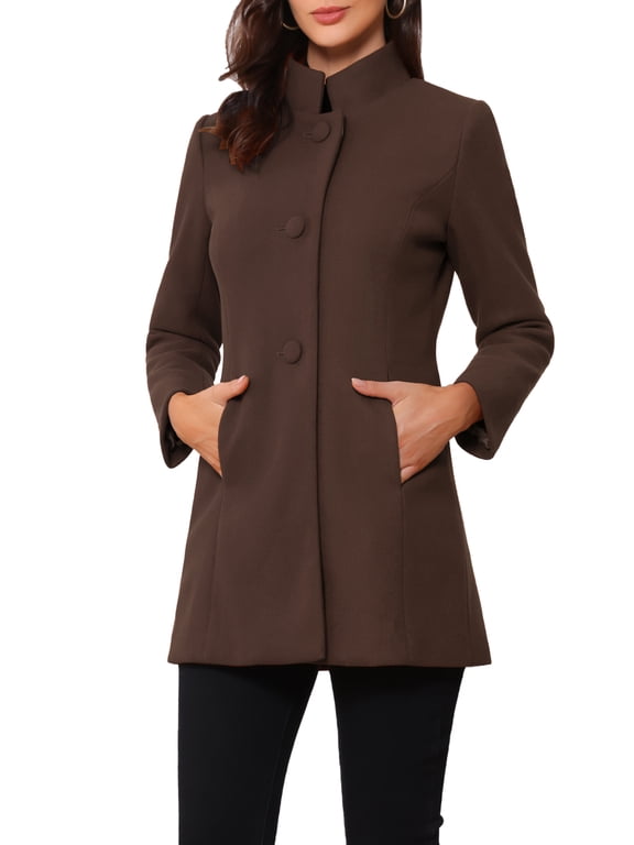 Women's Mid-Length Stand Collar Coat Single Breasted Winter Overcoat with Slant Pockets & Full Lining Coffee XL