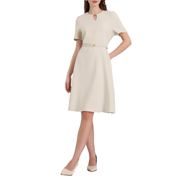 INSPIRE CHIC Women's Cocktail A-Line Dress Choker V Neck Short Sleeve Belted Elegant Flare Dresses L Beige