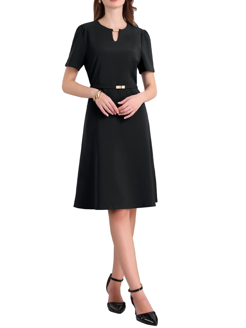 INSPIRE CHIC Women's Cocktail A-Line Dress Choker V Neck Short Sleeve Belted Elegant Flare Dresses M Black