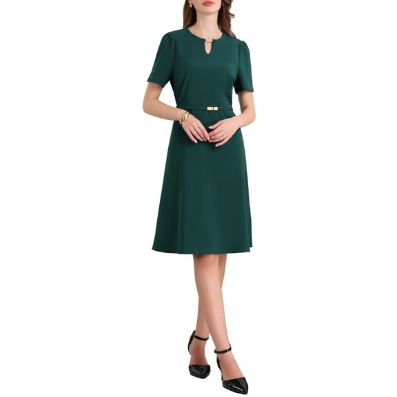 INSPIRE CHIC Women's Cocktail A-Line Dress Choker V Neck Short Sleeve Belted Elegant Flare Dresses XL Blue Green