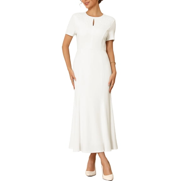 INSPIRE CHIC Women's Cocktail Dress Floral Embroidered Crewneck Fishtail Midi Formal Evening Dresses S White