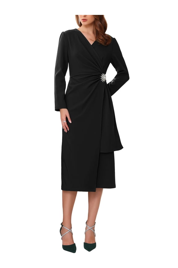 Women's Cocktail Dress Wrap Ruched V Neck Long Sleeve Elegant Formal Sheath Dresses L Black