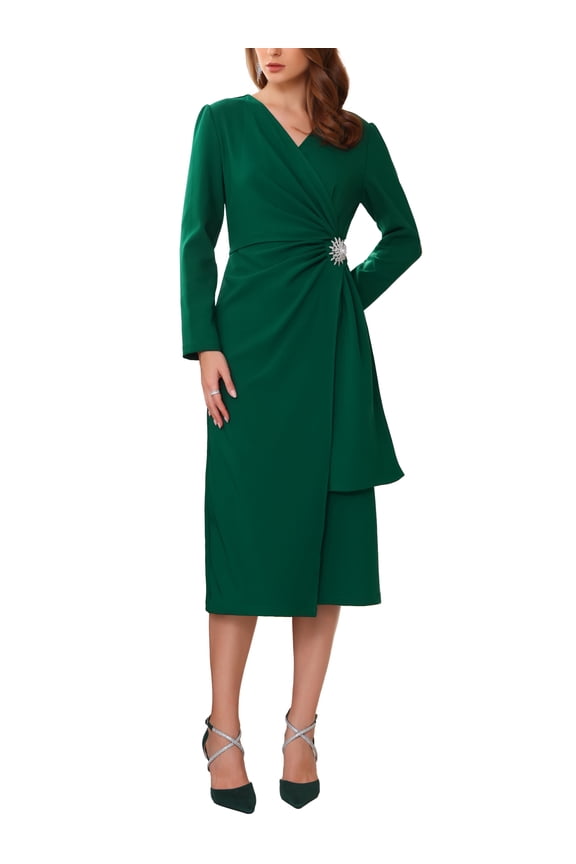 Women's Cocktail Dress Wrap Ruched V Neck Long Sleeve Elegant Formal Sheath Dresses L Dark Green