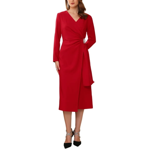 INSPIRE CHIC Women's Cocktail Dress Wrap Ruched V Neck Long Sleeve Elegant Formal Sheath Dresses M Burgundy