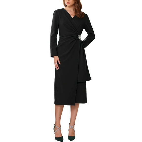 INSPIRE CHIC Women's Cocktail Dress Wrap Ruched V Neck Long Sleeve Elegant Formal Sheath Dresses S Black
