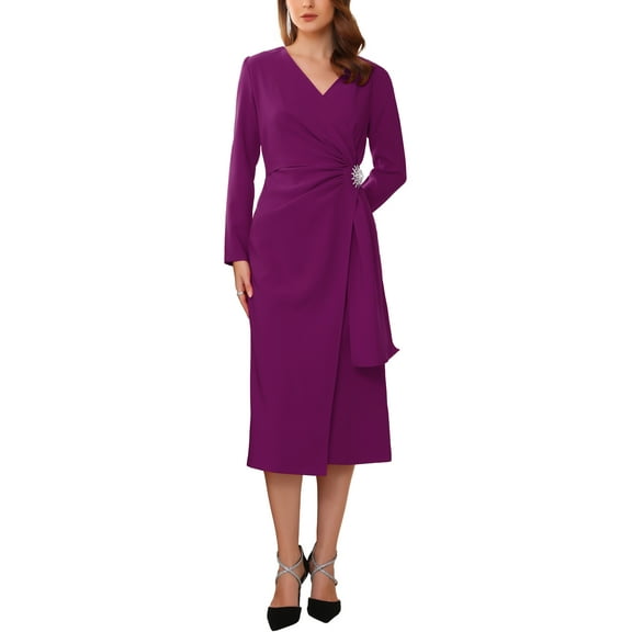 INSPIRE CHIC Women's Cocktail Dress Wrap Ruched V Neck Long Sleeve Elegant Formal Sheath Dresses S Purple