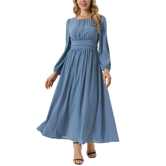 INSPIRE CHIC Women's Dresses Crew Neck Lantern Long Sleeves Chiffon Formal Maxi Dress S Grey Blue