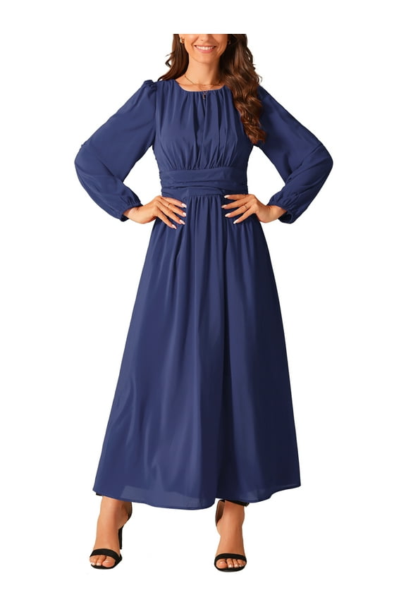 Women's Dresses Crew Neck Lantern Long Sleeves Chiffon Formal Maxi Dress XL Dark Blue