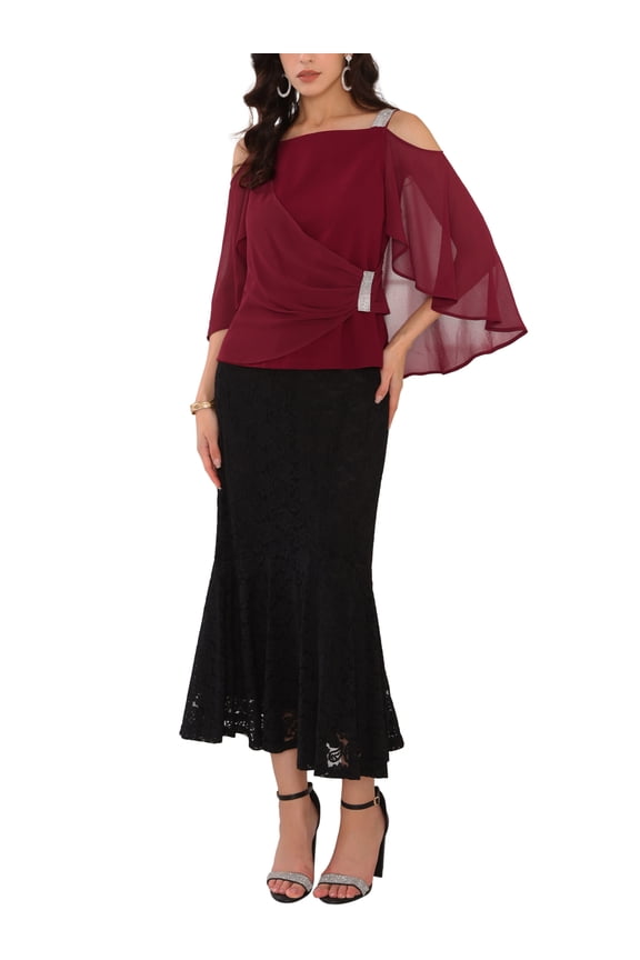 Women's Cocktail Wedding Cold Shoulder Elegant Chiffon Capelet Overlay Ruched Blouse S Wine Red
