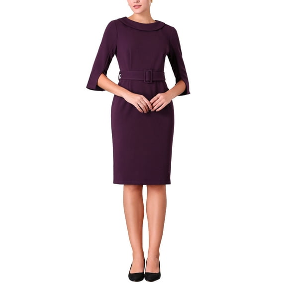 INSPIRE CHIC Women's Collared Sheath Vintage Half Sleeve Pencil Dress with Belt S Purple