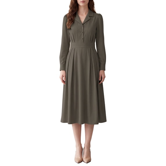 INSPIRE CHIC Women's Collared Shirt Midi Dress High Waist Long Puff Sleeve A Line Medium Coffee