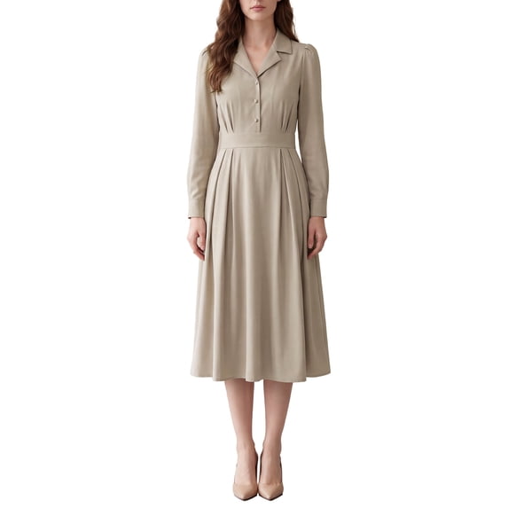 INSPIRE CHIC Women's Collared Shirt Midi Dress High Waist Long Puff Sleeve A Line X Small Apricot
