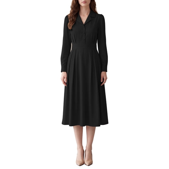 INSPIRE CHIC Women's Collared Shirt Midi Dress High Waist Long Puff Sleeve A Line X Small Black