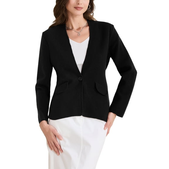 INSPIRE CHIC Women's Collarless Blazer Long Sleeve One Button Business Office Blazers Jacket M Black
