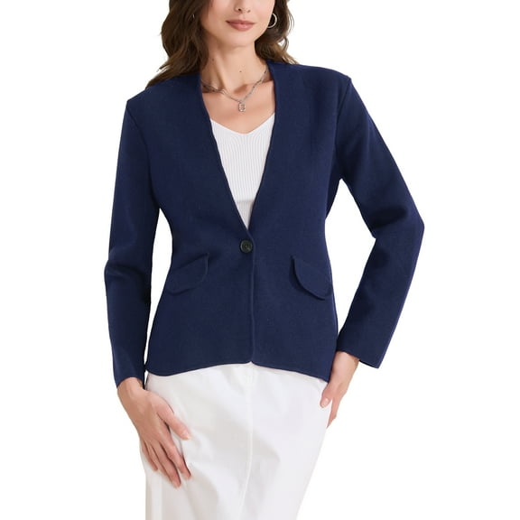 INSPIRE CHIC Women's Collarless Blazer Long Sleeve One Button Business Office Blazers Jacket M Dark Blue