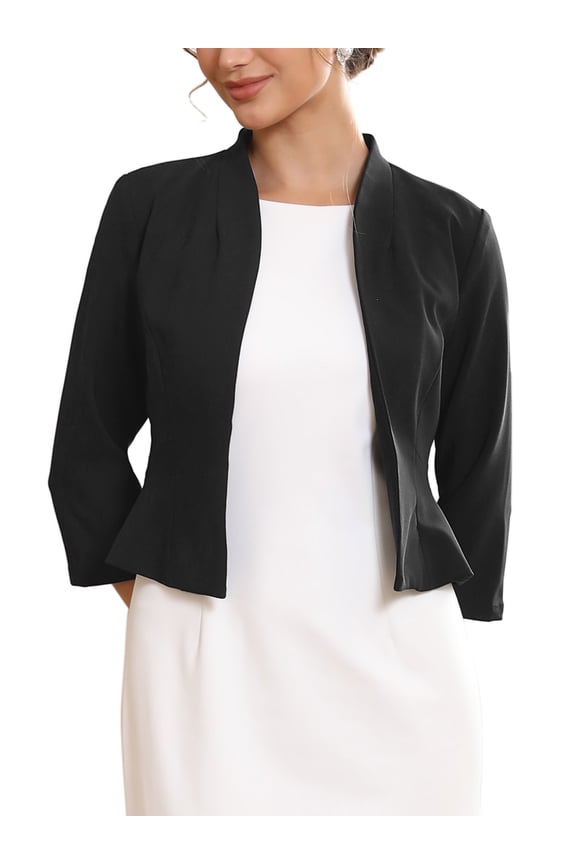 Women's Collarless Blazer Open Front Short Sleeve Evening Formal Cardigan Jacket S Black
