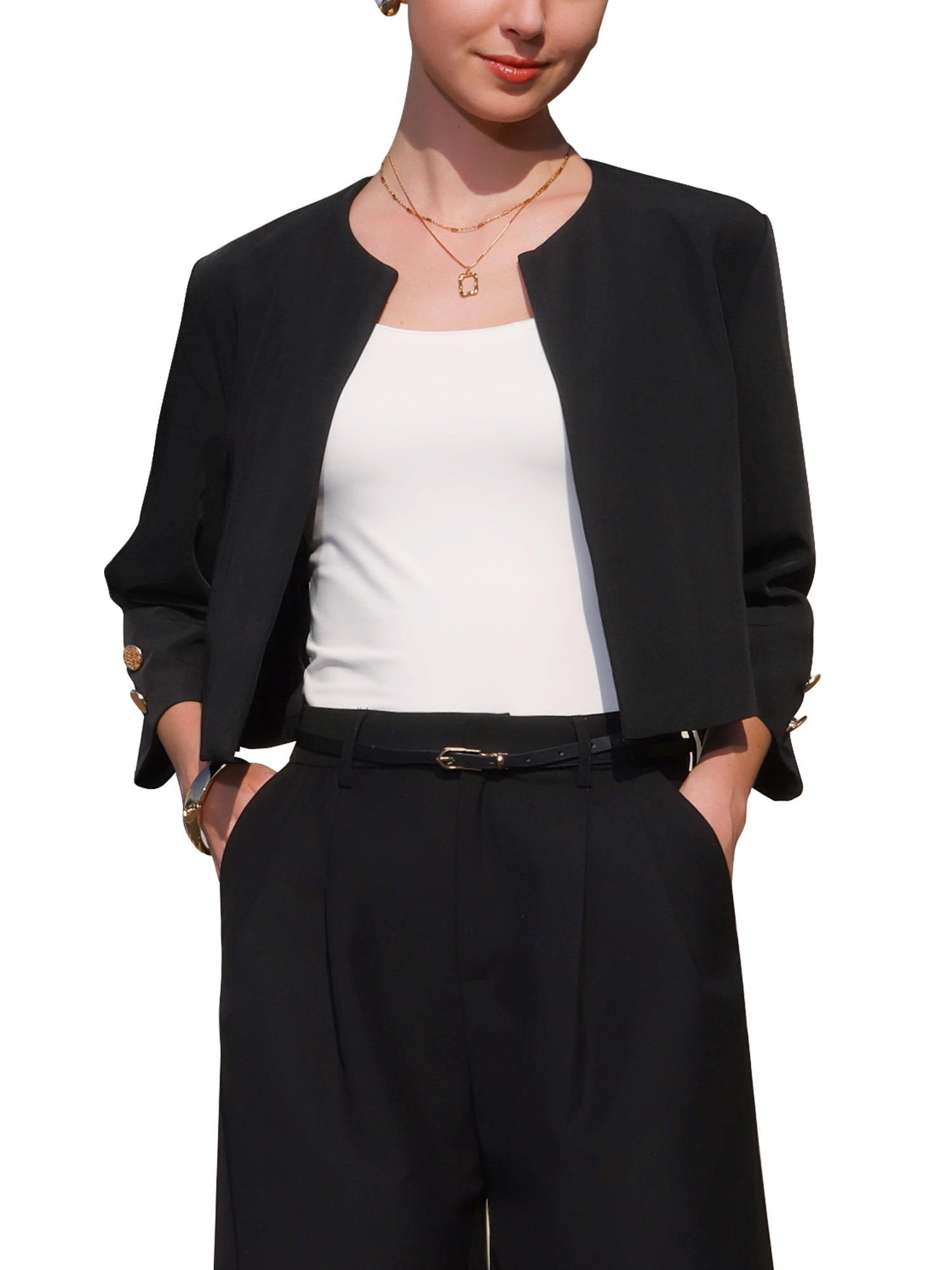 Women's Crop Blazer Jacket Open Front 3/4 Sleeve - Casual Waterfall Coat Top Cream Black White - View #7