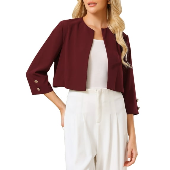 INSPIRE CHIC Women's Collarless Round Neck 3/4 Sleeve Open Front Cropped Bolero Blazer S Dark Red