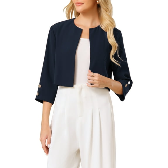 INSPIRE CHIC Women's Collarless Round Neck 3/4 Sleeve Open Front Cropped Bolero Blazer S Navy Blue