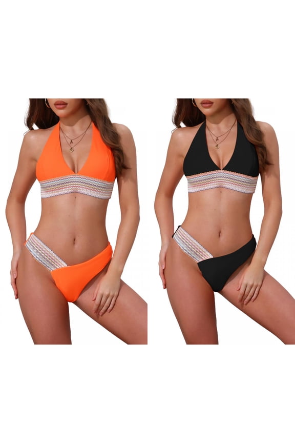 Women's Color Block Wavy Stripes Bikini Sets 2 Piece Halter Top V Shaped Bottom Swimwear Bathing Suits 2 Sets Medium Black, Orange
