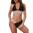 thumbnail image 1 of INSPIRE CHIC Women's Color Block Wavy Stripes Bikini Sets, 2 Piece Halter Top V Shaped Bottom Swimwear Bathing Suits X-Small Black, 1 of 5