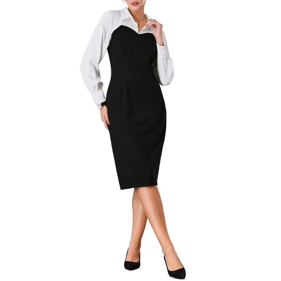 INSPIRE CHIC Women's Contrast Color Sheath Dress Long Sleeve Lapel Neck Elegant Work Pencil Dresses S Black