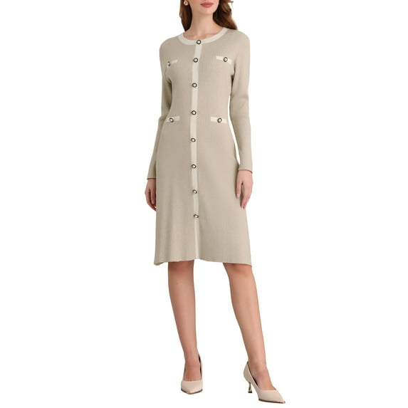 INSPIRE CHIC Women's Contrast Color Sweater Dresses Long Sleeve Knit A-line Midi Dress S Beige