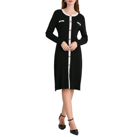 INSPIRE CHIC Women's Contrast Color Sweater Dresses Long Sleeve Knit A-line Midi Dress S Black
