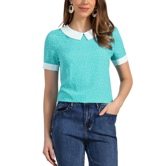 INSPIRE CHIC Women's Contrast Peter Pan Collar Polka Dots Short Sleeve Tops M Lake Blue