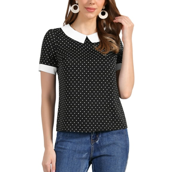 INSPIRE CHIC Women's Contrast Peter Pan Collar Polka Dots Short Sleeve Tops XL Gray Black