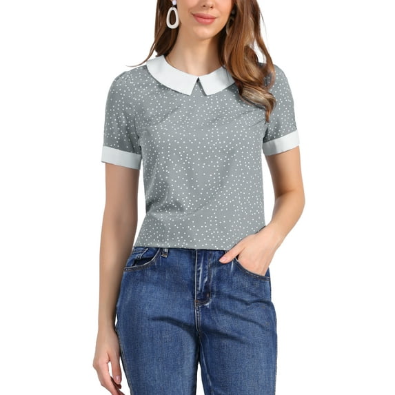 INSPIRE CHIC Women's Contrast Peter Pan Collar Polka Dots Short Sleeve Tops XS Gray